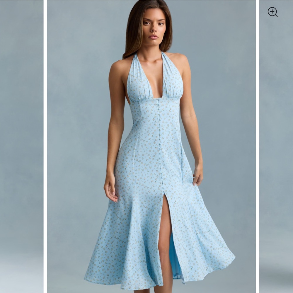 Oh Polly Light Blue Floral Halter Midi Dress